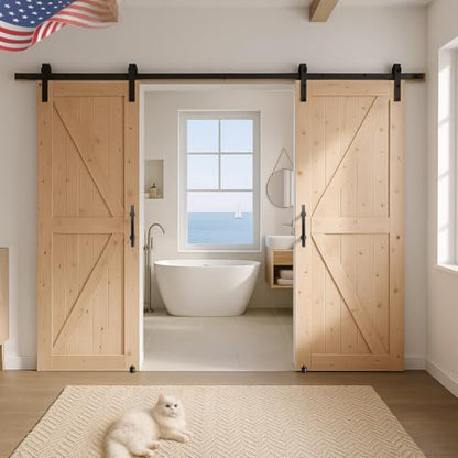 S&Z TOPHAND® 36in x 84in Unfinished British Brace Knotty Barn Door with Sliding Hardware Kit/Solid Wood/Sliding Door/Double Surfaces/A Simple Assembly is Required - size: 36x84in