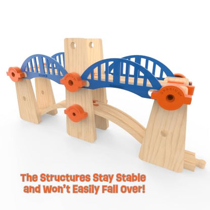 Wooden Train Track Accessories Build & Play Construction Set 90 PCS Ultimate Elevated Railway STEM Toys Track Expansion Pack Ascending Tracks Risers Bridges Tunnel Stop Go Gate Compatible Thomas Brio