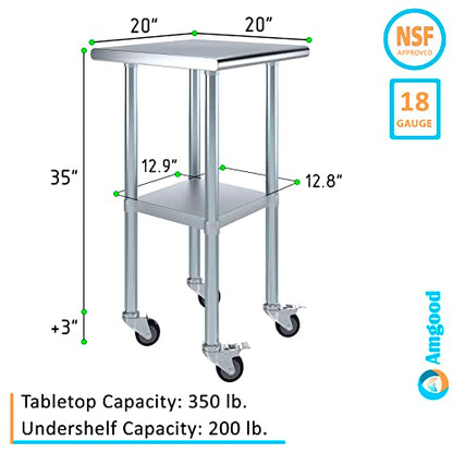 AmGood 20 in. x 20 in. Stainless Steel Work Table with Wheels | Metal Kitchen Food Prep Table | NSF - size: 20 in. Long x 20 in. Deep with Wheels