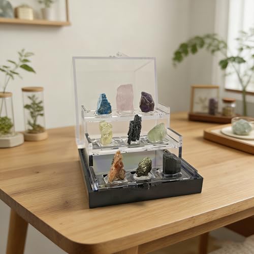 Rare Natural Naturally Mineral Specimen Collection Gift Box-9 Pieces Exquisite Minerals-Square Acrylic Tiered Display Case - Ideal Gifts for Mineral Enthusiasts,Geography Enthusiast-(Small)