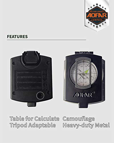 AOFAR Military Compass,AF-4580 Lensatic Sighting, Waterproof and Shakeproof with Map Measurer Distance Calculator, Pouch for Camping, Hiking - color: Black