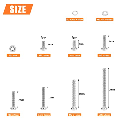 HELIFOUNER 560 Pieces M2 x 4mm /6mm /8mm /10mm /12mm /16mm /20mm, Phillips Pan Head Machine Screws, Metric Screws Bolts Washers Nuts Kit, 304 Stainless Steel - size: M2, style: Phillips Pan Head