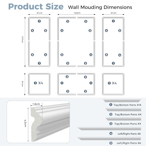 Teabelle Pre-Cut Wall Molding Kit, 6 Pcs Ready to Assemble Wainscoting - color: White-02