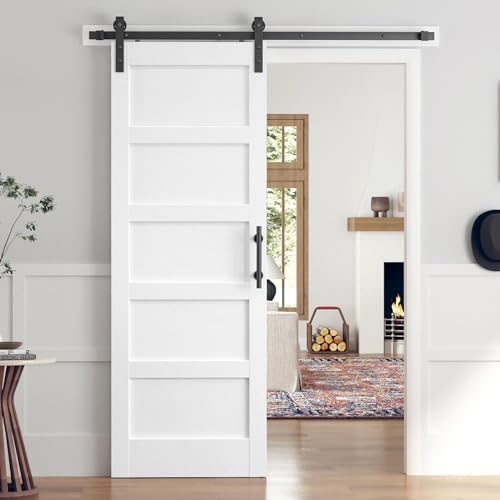 32x80 Inch White Sliding Barn Door Slab with 5.5ft Hardware Kit Included, 5-Panel, MDF Wood Panel Covered with Water-Proof Scratch-Proof PVC Surface, Simple DIY Assembly - color: White, size: 32"x80" Door with Hardware