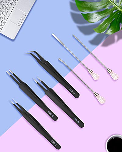 11 Pcs Resin Spoon Tools Kit-Metal Stir Sticks Resin Spoons Poke Needle with Anti-Static Stainless Steel Precision Tweezers Set for Resin Crafts,Jewelry Making,DIY Epoxy Silicone Resin Molds(Pink) - color: Pink & Black
