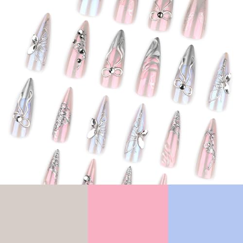 Stiletto Press on Nails Long Silver Fake NailSilver Glitter and Rhinestones Acrylic Nail Press ons Stick on Nails for Women 24pcs - color: Color19