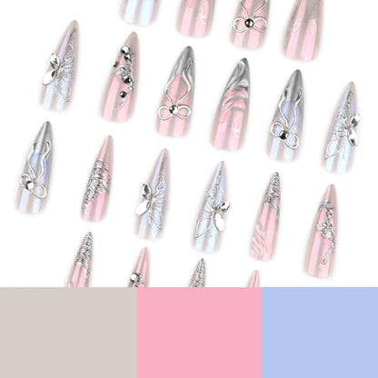 Stiletto Press on Nails Long Silver Fake NailSilver Glitter and Rhinestones Acrylic Nail Press ons Stick on Nails for Women 24pcs - color: Color19