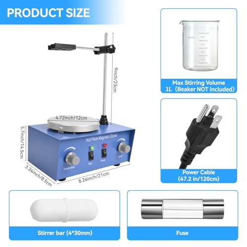 Vevitts 1000ml Magnetic Stirrer Hot Plate Magnetic Mixer Stir Plate Lab Stirrers 2400 RPM 100°C Stirring Bar