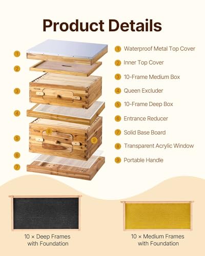 VEVOR Bee Hive 10 Frame Bee Hives Starter Kit, Beeswax Coated Fir Wood, 1 Deep + 1 Medium Bee Boxes Langstroth Beehive Kit, Transparent Acrylic Windows with Foundations for Beginners Pro Beekeepers - size: Deep Box x 1+ Medium Box x 1