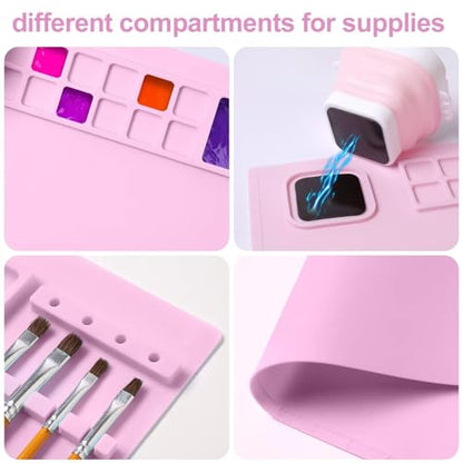 AWOKE Silicone Painting Mat | 20"x16" No-Spill Art Mat with Quick-Attach Magnetic Water Cup, 12 Paint Wells & Palettes | Washable Table Protector for Toddlers & Kids Gifts (Pink) - color: Pink