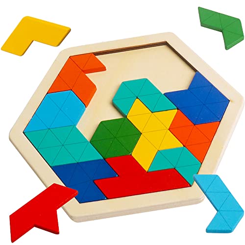 Wooden Hexagon Puzzle, Geometry Logic IQ Brain Blocks for Kids & Adults - style: Puzzle 2- Triangle Rainbow