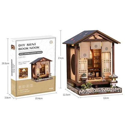 DIY Book Nook Kit, 3D Wooden Puzzle for Adults, Japanese Zen Garden Miniature House Model with LED Light, Creative Shelf Insert Decor & Arts Crafts Gift (Moss Lantern Harmony Garden) - style: Moss Lantern Harmony Garden