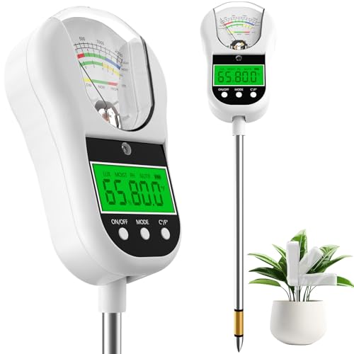 7-in-1 Soil Test Kit, Soil Moisture Meter/pH Meter/Light Intensity/Fertility/Air & Soil Hygrometer Temperature with Large Dual Display for Garden,Lawn, Farm, Indoor Outdoor Plants-Warm White
