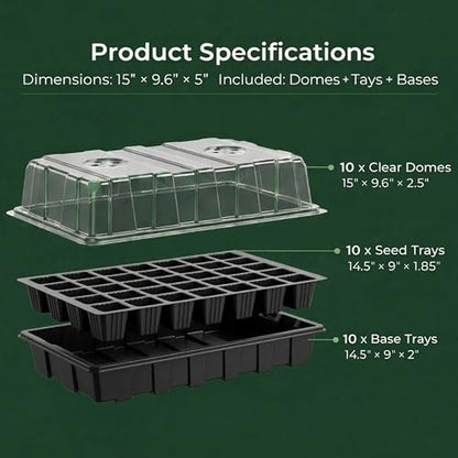 Gardzen 10-Set Garden Propagator Set, Seed Tray Kits with 400-Cell, Seed Starter Tray with Dome and Base 15" x 9" (40-Cell Per Tray) - size: 40-Cell Black 10-Pack