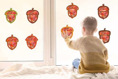 Renbuzhu 40-Pack Fall Acorn Paper Suncatchers Crafts Kit - DIY Autumn Stained Glass Window Decorations for Thanksgiving Activities, Art Projects - style: acorn