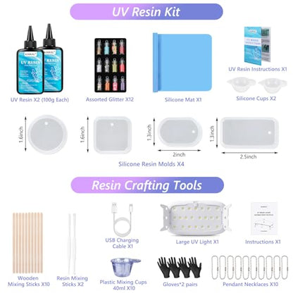 KISREL 200g UV Resin Kit with Light and Molds, Big 22 LED Beads Resin Kit - size: UV200g+22Lamp Beads