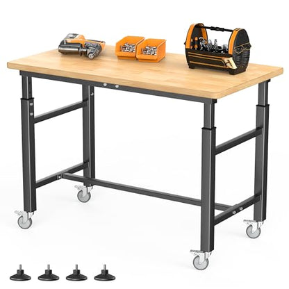 TORACK Adjustable Workbench with Rubberwood Top Rolling, 42x20 in Workbench - size: 42 in x 20 in
