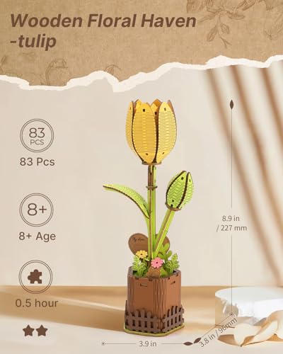 Kaayee 3D Wooden Flower Puzzles Tulip, Wood Flowers Craft for Adults - color: Tulip