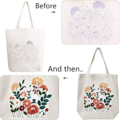 MAMUNU Canvas Tote Bag Embroidery Kit with Pattern for Beginners, Arts and DIY Crafts Kits for Adults, Include Instructions Embroidery Bag, Embroidery Hoops, Color Threads and Tool - color: Beige
