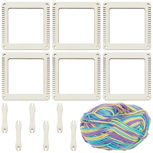WEBEEDY 6 Pack Wooden Weaving Loom Kit for Adults Beginners, 6 Square Small DIY Craft Wood Loom with 6 Shuttles for Home Knitting Projects Weaving Art Making Decor, 3x3 Inch/7.6x7.6cm