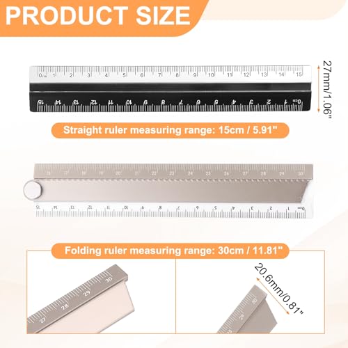 HARFINGTON Folding and Straight Ruler Kit 30/15cm Metric Aluminum Alloy Plastic Protractor Foldable Angle Ruler for Home Classroom Office, Gold - color: Clear-Gold