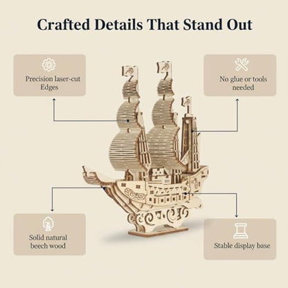 3D Pirate Ship Puzzle Wooden Model Kit, Birch Material, 52 Pieces, Easy Assembly Desk Decoration, DIY Home Decor & Small Gift, Includes Display Stand, 6.1" Tall, Ages 14 and Up