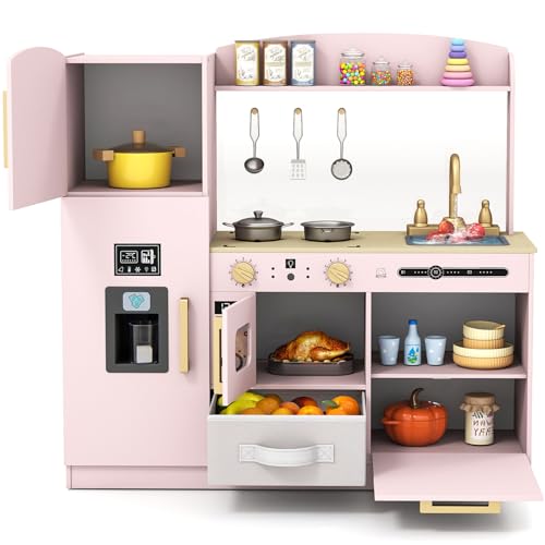 Costzon Kids Kitchen Playset, Wooden Pretend Play Kitchen w/Real Lights & Sounds, Chalkboard, Microwave, Ice Maker, Dishwasher, Sink, Cookware Accessories, Play Kitchen for Kids Ages 3+ (Pink) - color: Wooden Pink