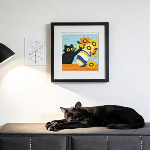 Doodlream Black Cat Sunflower Needle Kit for Beginner, 9.4"x 9.4" Cute Animal Flower Punch Stitching Craft Set, DIY Embroidery Starter with Printed Frame, Instruction, Threader, Yarn, Pinch Needle - color: Cat Sunflower