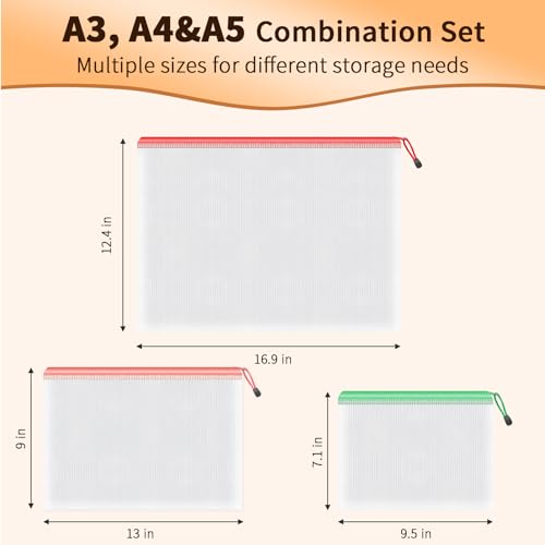 Umriox 18 Pack Mesh Zipper Organizer Bags, A3 A4 A5 Sizes with Labels - style: A3+a4+a5