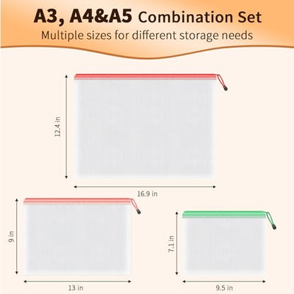 Umriox 18 Pack Mesh Zipper Organizer Bags, A3 A4 A5 Sizes with Labels - style: A3+a4+a5