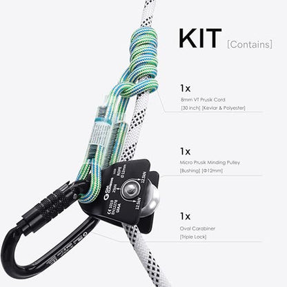 GM CLIMBING Micro Prusik Minding Pulley 25kN CE UIAA Certified 12mm Single Pulley Mobile Side Plates for Arborist Rigging Climbing Rescue - color: Pulley Kit | Black Pulley, Triple Lock