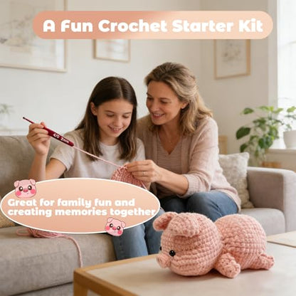 JueRum Pig Crochet Kit for Beginners Adult All-in-One Amigurumi Crochet Kit - color: Pink Pig