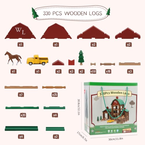 Wondertoys 330 Pcs Wooden Log Set Real Wood Logs Classic Building Log Ages 3+ Best Retro Building Gift Set for Boys Creative Construction Engineering Educational Gifts - style: 330PCS Villas