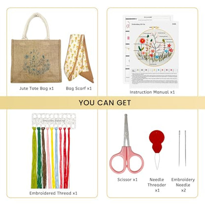 SNAIL GARDEN Linen Tote Bag DIY Embroidery Kit for Beginners with Scarf, Printed Cross Stitch Craft Kit with Thread, Needle & Guide – Reusable Grocery Bag for Women