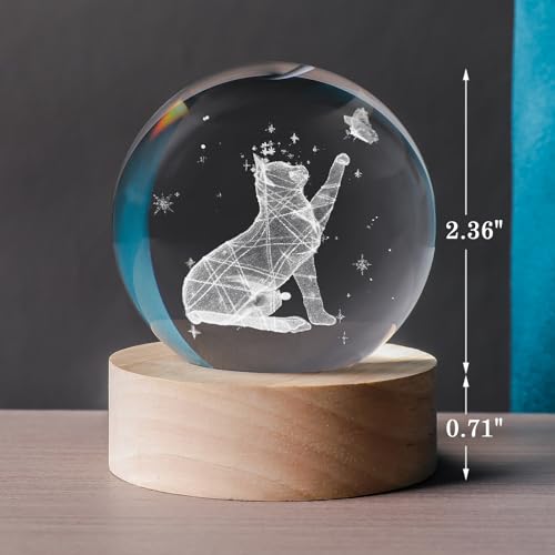 60mm 3D Crystal Ball Cat Lover Gifts for Women Cat Themed Sympathy Figurines Decor Gifts with Wooden Light Base - style: 3D Cat