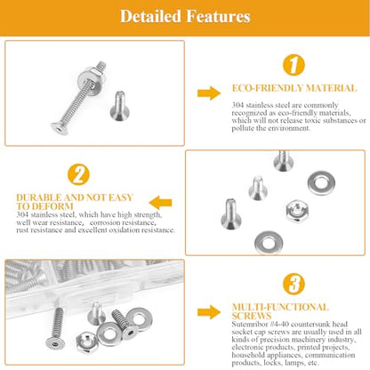 254 Pieces #4-40 x 3/16", 1/4", 5/16", 3/8", 1/2", 5/8", 3/4", 1", Countersunk Head Socket Cap Screws Nuts Washers Assortment Kit - size: #4-40, style: Countersunk Head Socket Cap