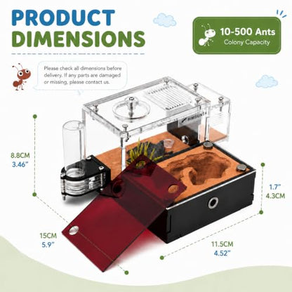 Terra Core S-Ant Farm Formicarium for Live Ants & Queen, Expandable Ant Nest with Magnetic Trash Chamber, 18 mL Water Feeder, Dual Humidity System, Red Cover & Starter Kit