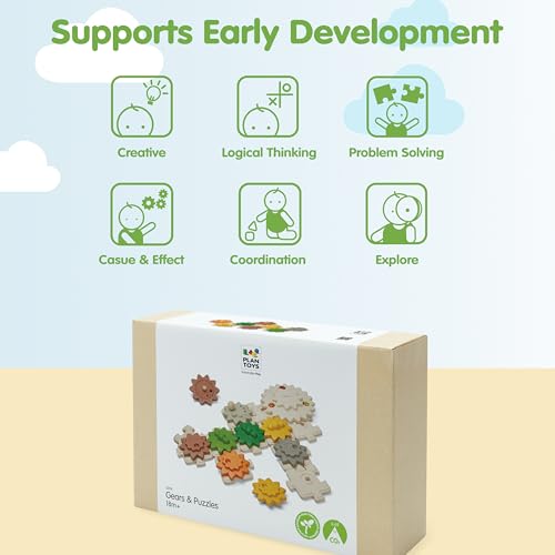 PlanToys® Wooden Gears & Puzzles Set Montessori STEM Kids Educational Toy - color: Gears & Puzzles Set