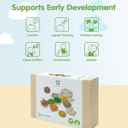 PlanToys® Wooden Gears & Puzzles Set Montessori STEM Kids Educational Toy - color: Gears & Puzzles Set