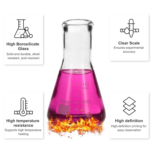 PATIKIL Erlenmeyer Flask, 8Pcs 150ml 5oz Narrow Mouth Graduated Flasks Borosilicate Glass with Printed Graduation for Lab Experiment Chemistry Science Study - size: 150ml/5oz