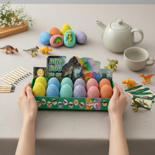 EXBEPE Dinosaur Eggs Excavation Dig Kit, 12 Fossilized Colorful Easter Dinosaur Egg with 12 Cards and 12 Dig Tools, Science Education STEM Toys for Boys & Girls Ages 3-12