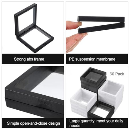 60 Pcs 3D Floating Display Case, 3.5 x 3.5 x 0.8 Inch Clear Coin Frame Holder Stands for Antique Challenge Coins, Jewelry, Shells, Gems, Minerals, Rocks, Specimens, Pins, Medals (Black & White)
