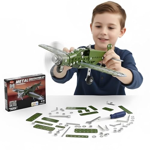 STEM Metal Airplane Building Kit for Kids, 285-Piece DIY Plane Set - style: Green Metal Airplane Build Kit