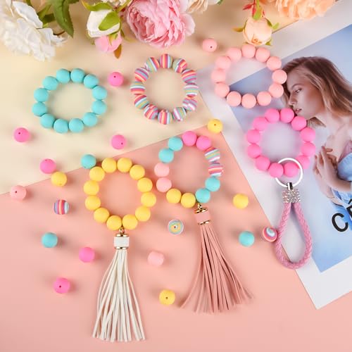 ASTARON 100Pcs 15mm Rainbow Colors Silicone Beads for Keychain Making Craft - color: pink,light pink,mint green,yellow,rainbow printed bead
