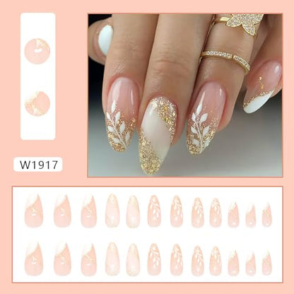RTKHFZE Press on Nails Medium Almond Shape Fake Nails Gold Glitter Artificial Acrylic Nails with Palm Designs Nail Press ons Full Cover False Nails Glue on Nail for Women Manicure - color: Style17