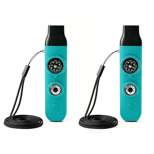 Multifunctional Survival Emergency Whistle for Kids with Compass Hiking Survival, Thermometer & Neck Lanyard | Emergency Safety Gear for Hiking, Camping, Kayaking, Boating, Climbing - color: Aqua2pcs