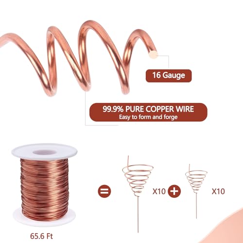 YBB Electroculture Gardening Copper Kit with 99.9% Pure Copper Wire 16 Gauge 65.6 Ft, 2 PCS Fibonacci Coil Winding Jigs, 12 PCS Wooden Stakes Antennas for Garden Plants Vegetables Growing - color: Brown