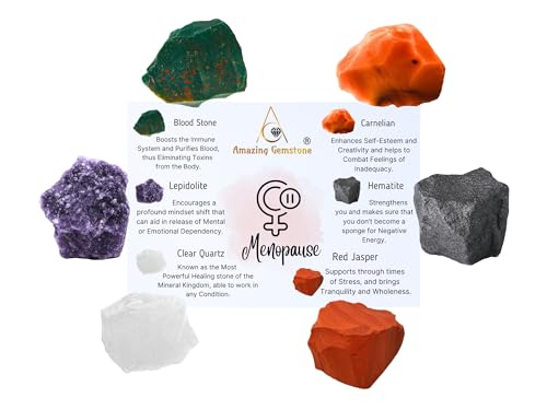 Amazing Gemstone Crystals for Menopause, Set of 6 Blood Stone, Lepidolite, Carnelian, Hematite, Red Jasper and Clear Quartz Healing Crystals and Stones - color: Menopause Crystals