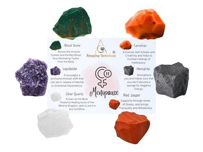 Amazing Gemstone Crystals for Menopause, Set of 6 Blood Stone, Lepidolite, Carnelian, Hematite, Red Jasper and Clear Quartz Healing Crystals and Stones - color: Menopause Crystals