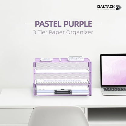 DALTACK 3 Tier Letter Tray Paper Organizer with Sliding Mesh Trays Purple - color: Purple